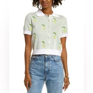 525 America Pears Collared Short Sleeve Button Up Sweater Blouse